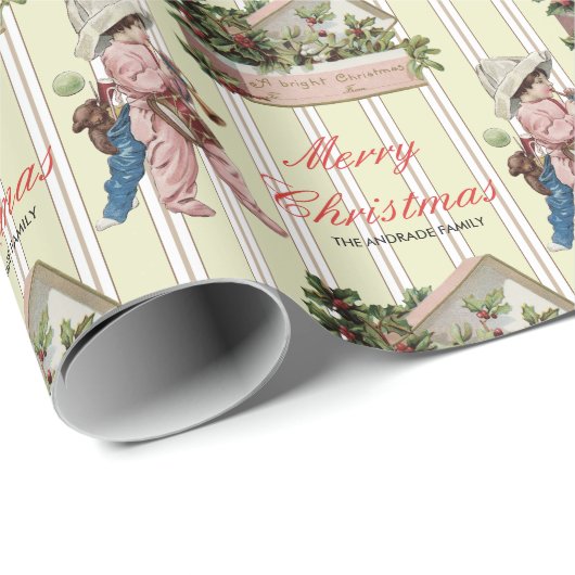 ヴィンテージのクリスマスのヒイラギの果実の子供ベージュ色カスタム ラッピングペーパー (ロールコーナー)