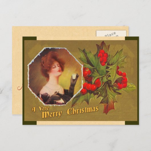 ヴィンテージのクリスマスのヒイラギの郵便はがき シーズンポストカード (正面/裏面)