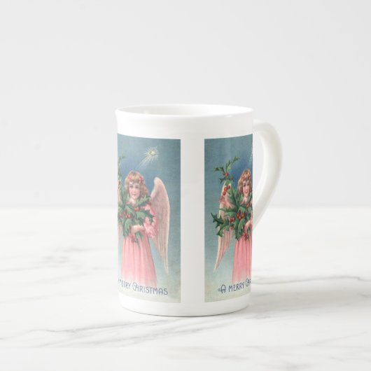 ヴィンテージのクリスマスのピンクの天使のティーカップ ボーンチャイナマグカップ (正面右)