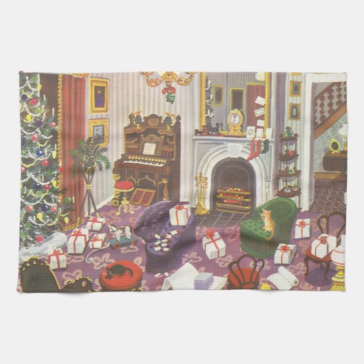 ヴィンテージのクリスマスのプレゼントをラッピングするリビングルーム キッチンタオル (横)