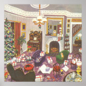 ヴィンテージのクリスマスのプレゼントをラッピングするリビングルーム ポスター (正面)