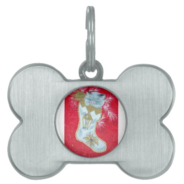 ヴィンテージのクリスマスの世紀半ばのパステルの子ネコ ペットネームタグ (正面)