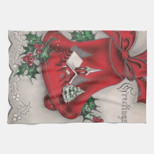 ヴィンテージのクリスマスの休日の鐘の台所タオル キッチンタオル (横)