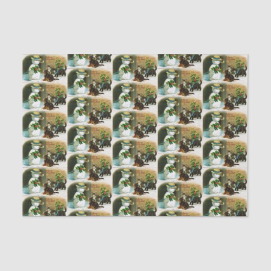 ヴィンテージのクリスマスの休日の雪だるま猫のパーティー 薄葉紙 (正面)