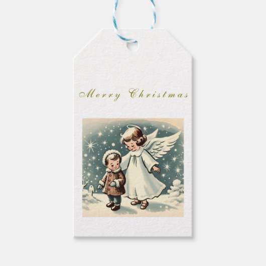 ヴィンテージのクリスマスの天使と子供 ギフトタグ (正面)