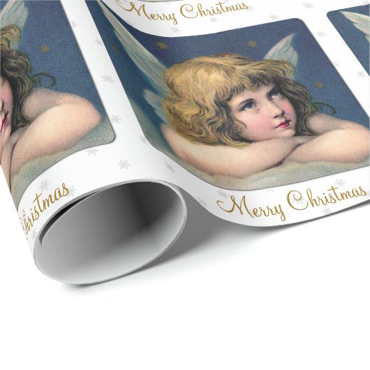 ヴィンテージのクリスマスの天使の子供および雪片 ラッピングペーパー (ロールコーナー)