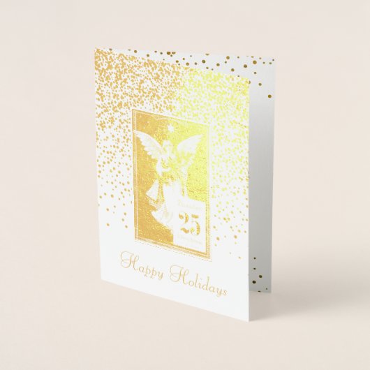 ヴィンテージのクリスマスの天使の幸せな休日の写真 箔カード (正面)