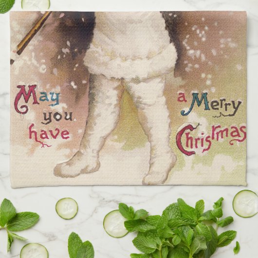 ヴィンテージのクリスマスの子供および木タオル キッチンタオル (折り畳み)