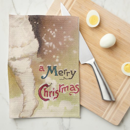 ヴィンテージのクリスマスの子供および木タオル キッチンタオル (四つ折り)