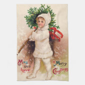 ヴィンテージのクリスマスの子供および木タオル キッチンタオル (縦)