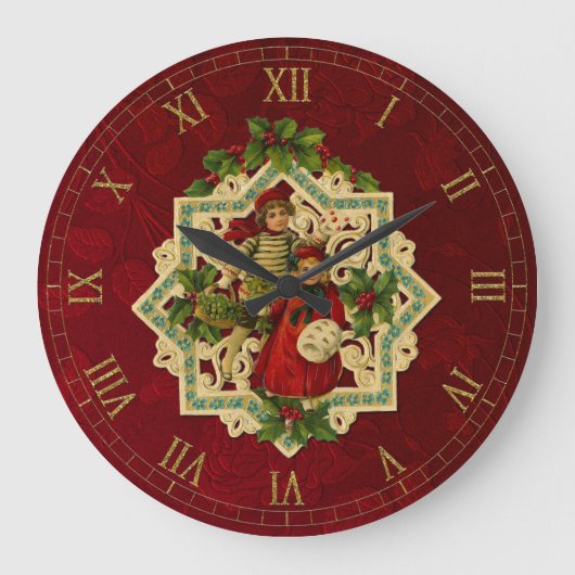 ヴィンテージのクリスマスの子供|の赤の花柄の背景 ラージ壁時計 (正面)