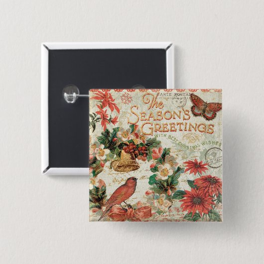 ヴィンテージのクリスマスの季節の挨拶 缶バッジ (正面&裏面)