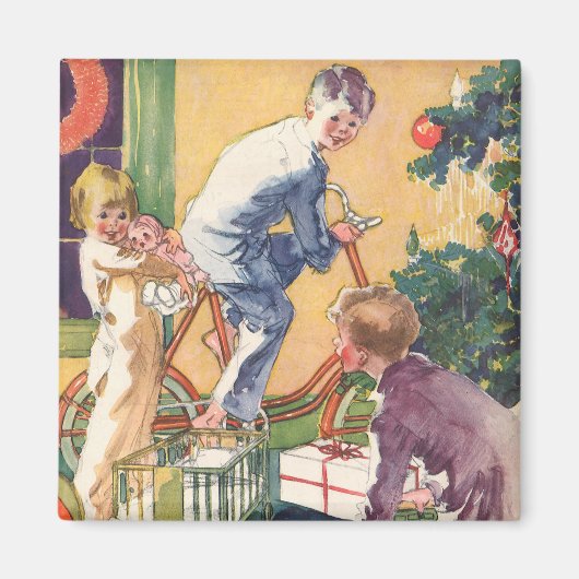 ヴィンテージのクリスマスの朝、プレゼントを持つ子供たち マグネット (正面)