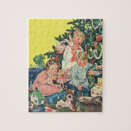 ヴィンテージのクリスマスの朝、子供たちがプレゼントを開ける様子 ジグソーパズル (縦)