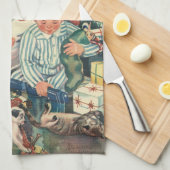 ヴィンテージのクリスマスの朝、子供たちがプレゼントを開ける キッチンタオル (四つ折り)