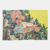 ヴィンテージのクリスマスの朝、子供たちがプレゼントを開ける キッチンタオル (横)
