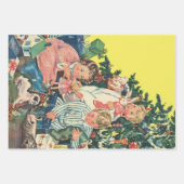 ヴィンテージのクリスマスの朝、子供たちがプレゼントを開ける ラッピングペーパーシート (正面3)