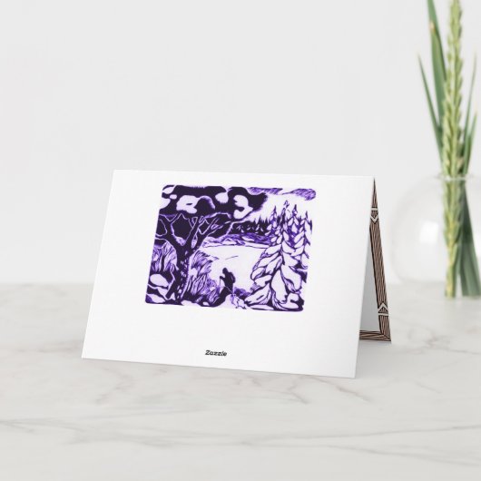 ヴィンテージのクリスマスの木版画、森林のスキーヤー シーズンカード (裏面)