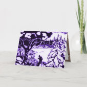 ヴィンテージのクリスマスの木版画、森林のスキーヤー シーズンカード (正面)