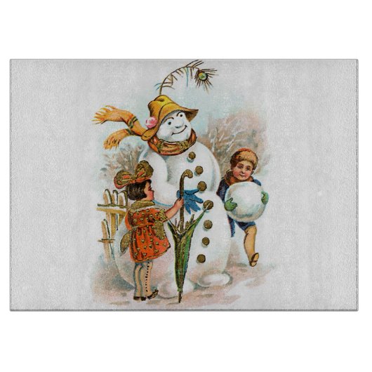 ヴィンテージのクリスマスの村の雪だるま カッティングボード (正面)