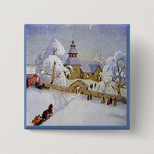 ヴィンテージのクリスマスの村教会場面ボタン 缶バッジ (正面)