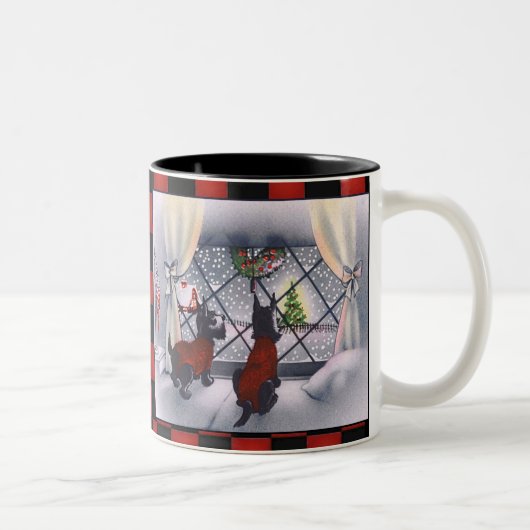 ヴィンテージのクリスマスの点検の愛国心が強いスコッチテリア犬 ツートーンマグカップ (右)