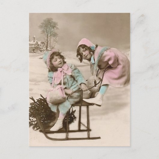 ヴィンテージのクリスマスの葉書の女の子をスレッドに シーズンポストカード (正面)