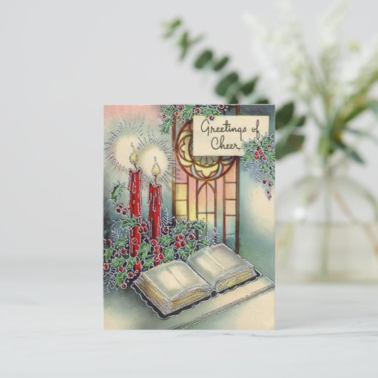 ヴィンテージのクリスマスの蝋燭および聖書の郵便はがき シーズンポストカード (スタンド正面)