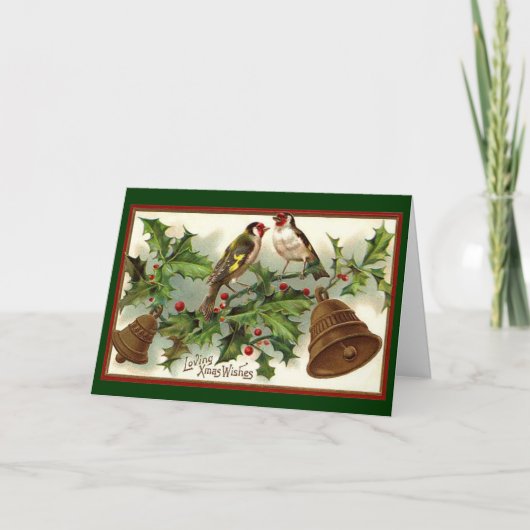 ヴィンテージのクリスマスの金ゴールド鐘および鳥 シーズンカード (正面)