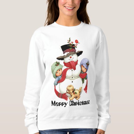 ヴィンテージのクリスマスの雪だるまおよび子供のクリスマスの汗 スウェットシャツ (正面)