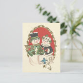 ヴィンテージのクリスマスの雪だるまのカップル シーズンポストカード (スタンド正面)