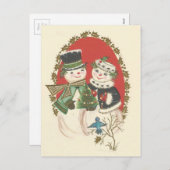 ヴィンテージのクリスマスの雪だるまのカップル シーズンポストカード (正面/裏面)