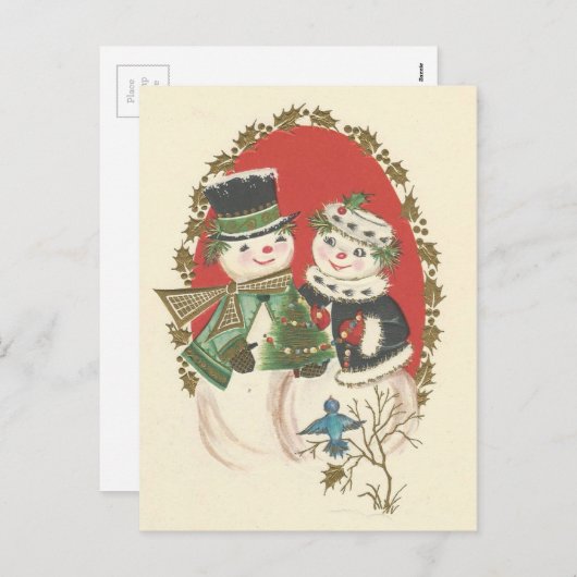 ヴィンテージのクリスマスの雪だるまのカップル シーズンポストカード (正面/裏面)