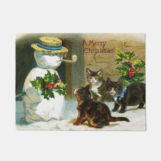 ヴィンテージのクリスマスの雪だるま猫の玄関マット ドアマット (正面)