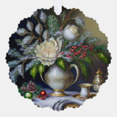 ヴィンテージのクリスマスの静かな生活とバラと壷 オーナメントカード (正面)