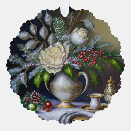 ヴィンテージのクリスマスの静かな生活とバラと壷 オーナメントカード (正面)