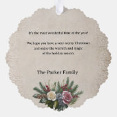 ヴィンテージのクリスマスの静かな生活とバラと壷 オーナメントカード (裏面)