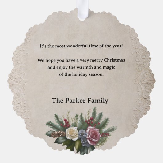 ヴィンテージのクリスマスの静かな生活とバラと壷 オーナメントカード (裏面)