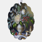 ヴィンテージのクリスマスの静かな生活とバラと壷 オーナメントカード (左)