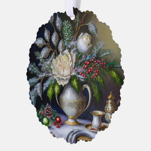 ヴィンテージのクリスマスの静かな生活とバラと壷 オーナメントカード (左)