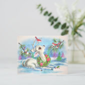 ヴィンテージのクリスマスの鹿と鳥 シーズンポストカード (スタンド正面)