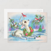 ヴィンテージのクリスマスの鹿と鳥 シーズンポストカード (正面/裏面)