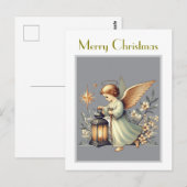 ヴィンテージのクリスマスエンジェルとランタン ポストカード (正面/裏面)