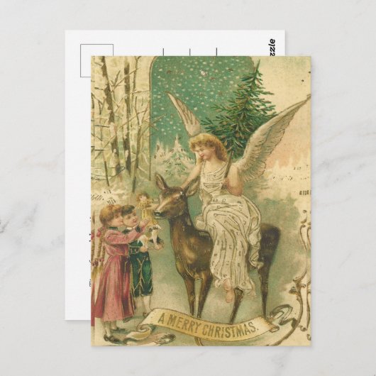 ヴィンテージのクリスマスエンジェルと子供たちとホリデーシーズン ポストカード (正面/裏面)