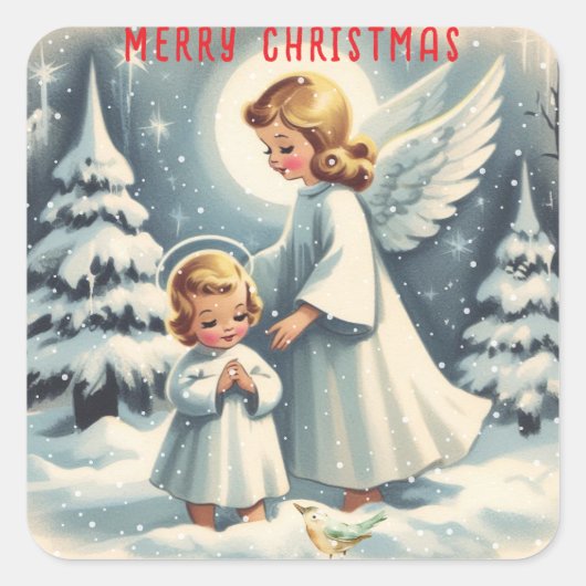 ヴィンテージのクリスマスエンジェル、子供と鳥 スクエアシール (正面)