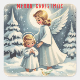 ヴィンテージのクリスマスエンジェル、子供と鳥 スクエアシール
