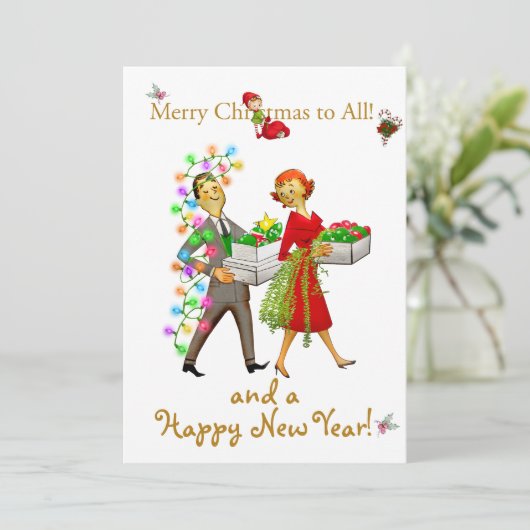 ヴィンテージのクリスマスカップルのメリークリスマスの挨拶 シーズンカード (スタンド正面)