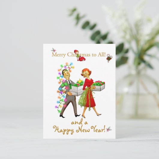 ヴィンテージのクリスマスカップルのメリークリスマスの挨拶 ポストカード (スタンド正面)