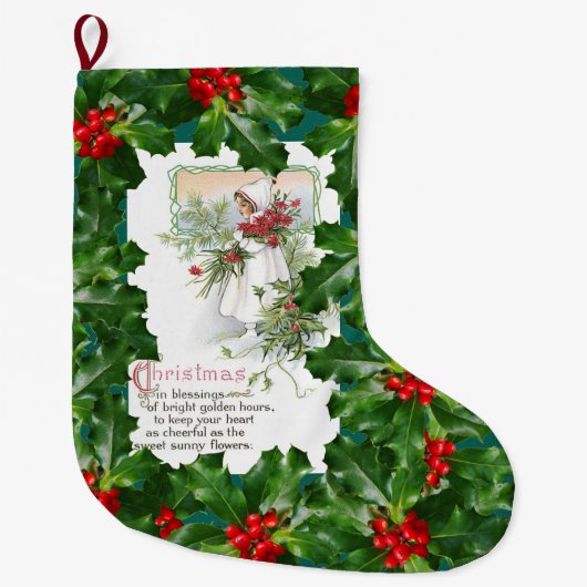 ヴィンテージのクリスマスカードのヒイラギの果実のクリスマスの詩 ラージクリスマスストッキング (正面)