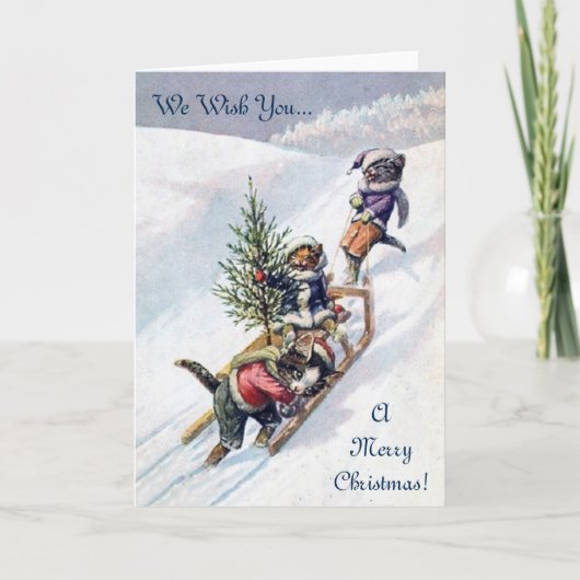 ヴィンテージのクリスマスカード、猫及びクリスマスツリー シーズンカード (正面)